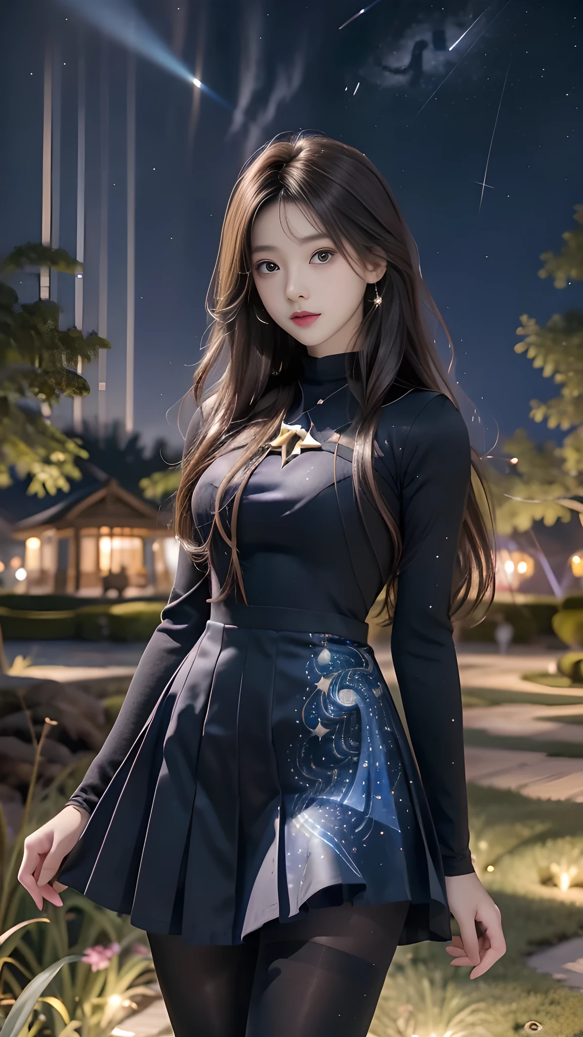 ulzzang-6500-v1.1, (RAW photo: 1.2), (Real photo), (Real photo: 1.4), 1 girl、Perfect anatomy、19 years old、Looking at the camera、Medium length hair、uniform dress, skirt, in a surreal royal garden, under the starry night, ((starry night: 1.1))、(Surreal tights: 1.2), (Business service)、Asian eyes Ella,