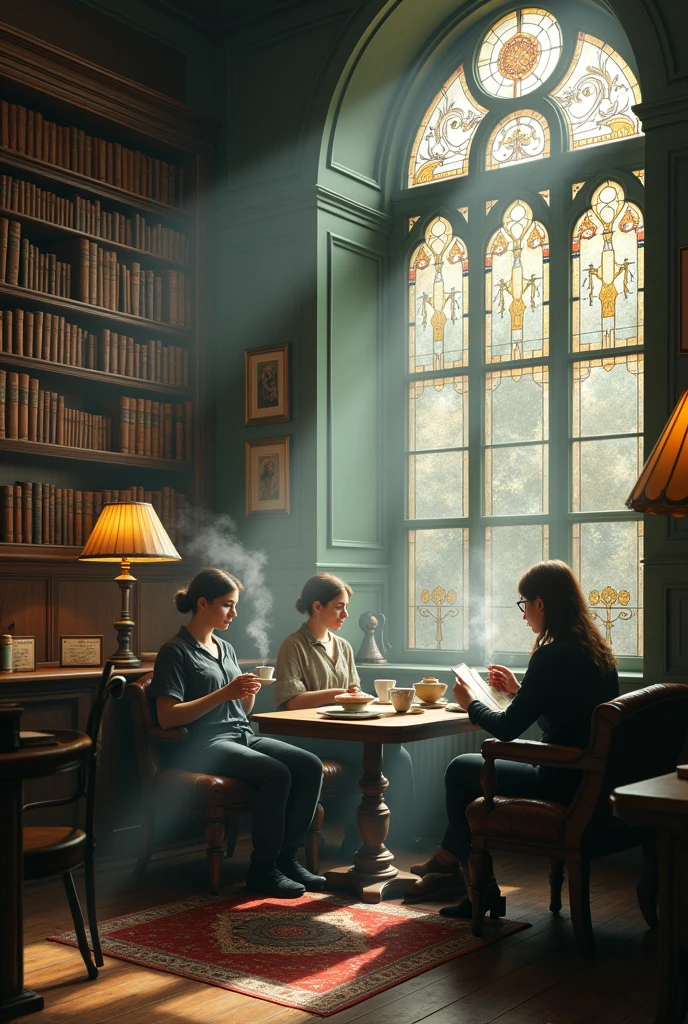 Surrealist photo of a coffee shop with a vintage library