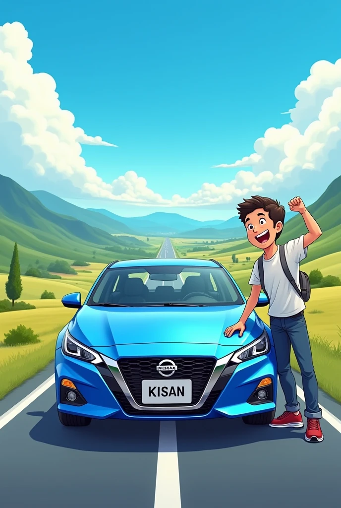 A 24 years boy park him  nisan blue colour car in highways and he ready to take a photo with car. And tha car number plate have a name the name is "KISAN" full is cartoon image