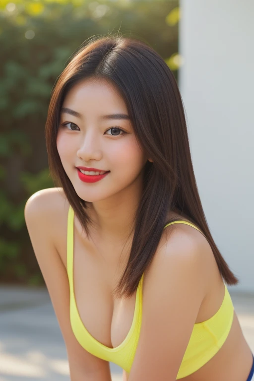 A young Korean beautiful girl, 18-year-old, sexy girl, strikingly beautiful, black hair, big breasts, delicate facial features, porcelain skin, red lips, expressive eyes, (masterpiece:1.2, top-quality), (realistic, photorealistic:1.4), beautiful illustration, (natural side lighting, movie lighting), 
looking at viewer, upper body, (front view), perfect face, cute and symmetrical face, shiny skin, babyface, 
(middle hair:1.2, ((two side up:1.2)), light brown hair), gold eyes, (large breasts:0.6, seductive thighs), 
beautiful hair, beautiful face, beautiful detailed eyes, beautiful clavicle, beautiful body, beautiful chest, beautiful thigh, beautiful legs, beautiful fingers, 
(gym uniform, buruma,), 
(beautiful scenery), evening, sports hall, (lovely smile, upper eyes), 