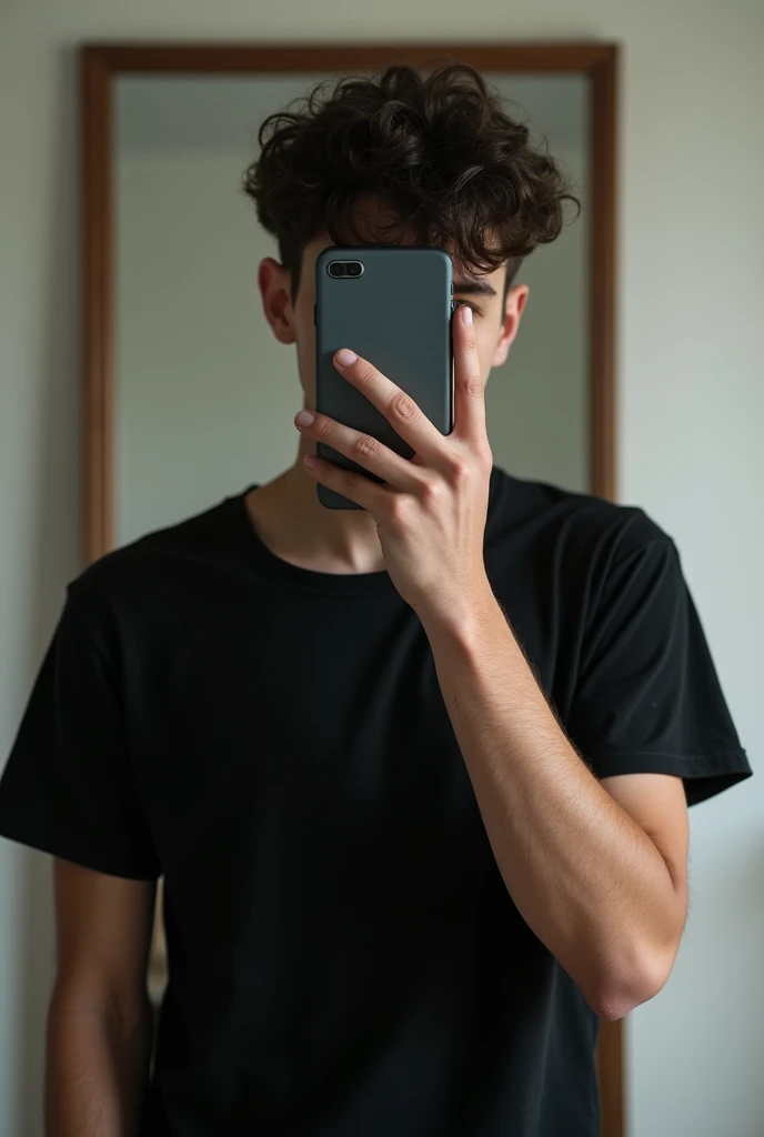 Photo of a 22-year-old man from Triglav in front of the mirror covering his face with his cell phone wearing a black short-sleeved shirt and a neutral room behind him