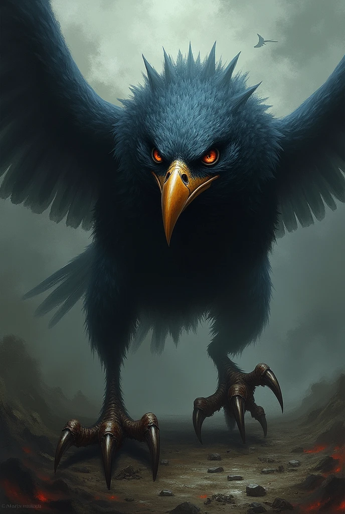 Create an image of a threatening and murderous looking bird that wants revenge against humanity and causes fear in people. 