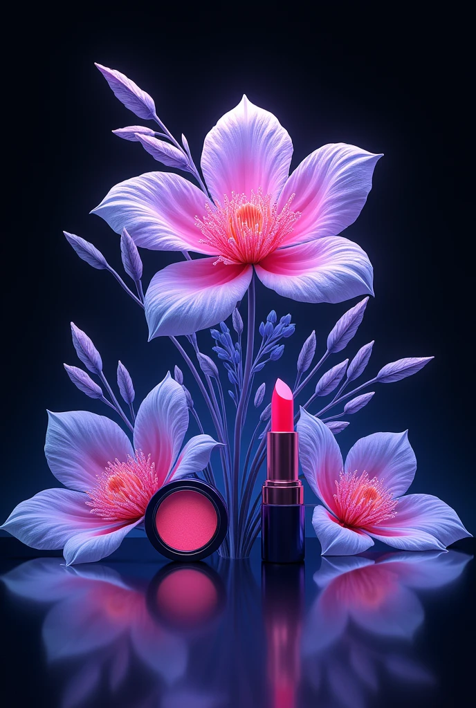 Create an illustration for an eternal flower company, makeup and gummies, that the background is black and the rest purple with blue