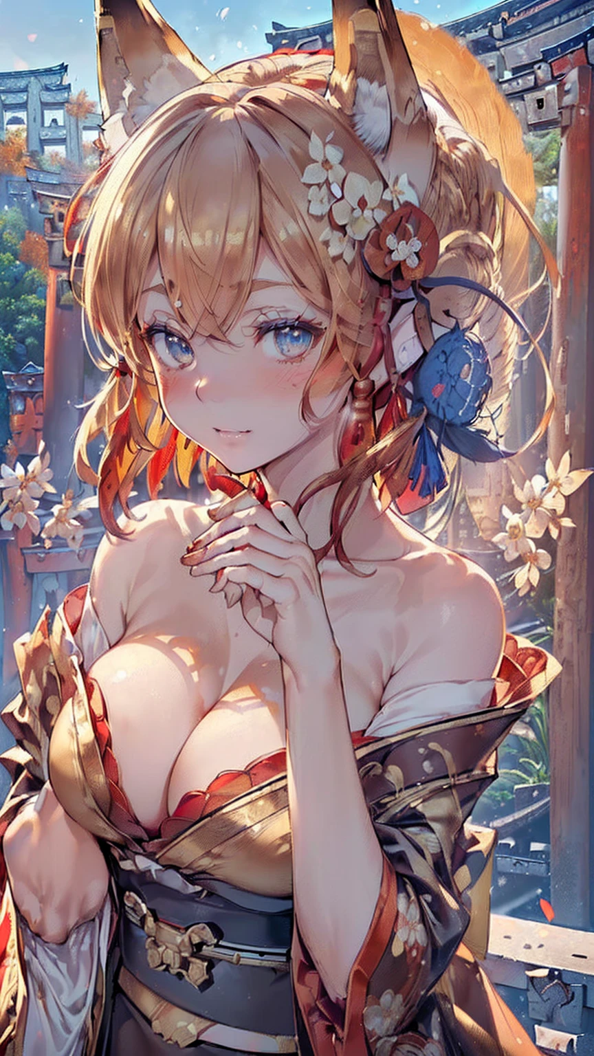 (((Masterpiece))), (((Highest quality))), ((Ultra-detailed)), ((Super fine illustration)), ((Ultra-fine painting)), (16K highest quality wallpaper:1.4), (Upper body:1.6), HDR, (Highly detailed and delicate illustration style:1.8), Detailed skin texture, Detailed cloth texture, Extreme detailed description, (T-masterpiece), (Highly detailed face:1.4), (Highly detailed fox ears:1.2), (Highly detailed beautiful (golden-brown:1.4) half-updo:1.2), (Highly detailed beautiful blue eyes:1.2), Original, RAW photo, Professional, Intricate details, Super details, (Perfect anatomy:1.4), (Highly detailed hands:1.2), (Highly detailed fingers:1.2), (Highly detailed fingertips:1.2), (27-years-old), Real, (Solo:1.8), ((A very beautiful and attractive fox fashion model:1.4)) BRAKE (Beautiful and adorable fox ears:1.6), (Highly detailed and delicate fox ears:1.4), (Beautiful and well-shaped big breasts:1.2), (Beautiful and well-shaped buttocks), (Beautiful and shiny (golden-brown:1.2) half-updo:1.4), (Highly detailed and delicate (golden-brown:1.2) half-updo:1.2), (Beautiful and clear blue eyes:1.6), (Highly detailed and delicate blue eyes:1.2), (Highly detailed face:1.4), (Smile:1.5), (Blush:1.4), (Looking at viewer:1.4), (Celebration:1.4) BRAKE ((((Bright Red:1.3) Off-the-shoulder and cleavage furisode with floral pattern:1.4), (Japanese traditional Off-the-shoulder and cleavage costume:1.2))) BRAKE (Concept-art:1.2) BRAKE (((Highly detailed and delicate Ise Grand Shrine in Mie Prefecture in the background just after noon:1.6), (Celebration:1.4), Torii gate of Ise Shrine:1.4, Very beautiful in the sunny sky background just after noon:1.4)) BRAKE