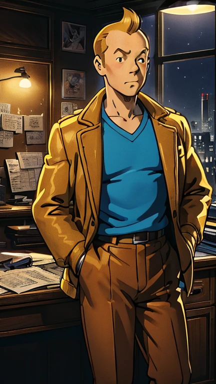 (Tintin,1boy, blue top, brown pant, Brown jacket), (extremely detailed CG unit 8k wallpaper),(master part), (best quality), (ultra detail), (best illustration),(ghibli style), siting behind a desk in an office, (Sharp eyeliner, ombre, detail eyes:1), break , (mad-sincity), night, 1940, noir(masterpiece:1.2), best quality, (hyperdetailed, highest detailed:1.2), high resolution textures 