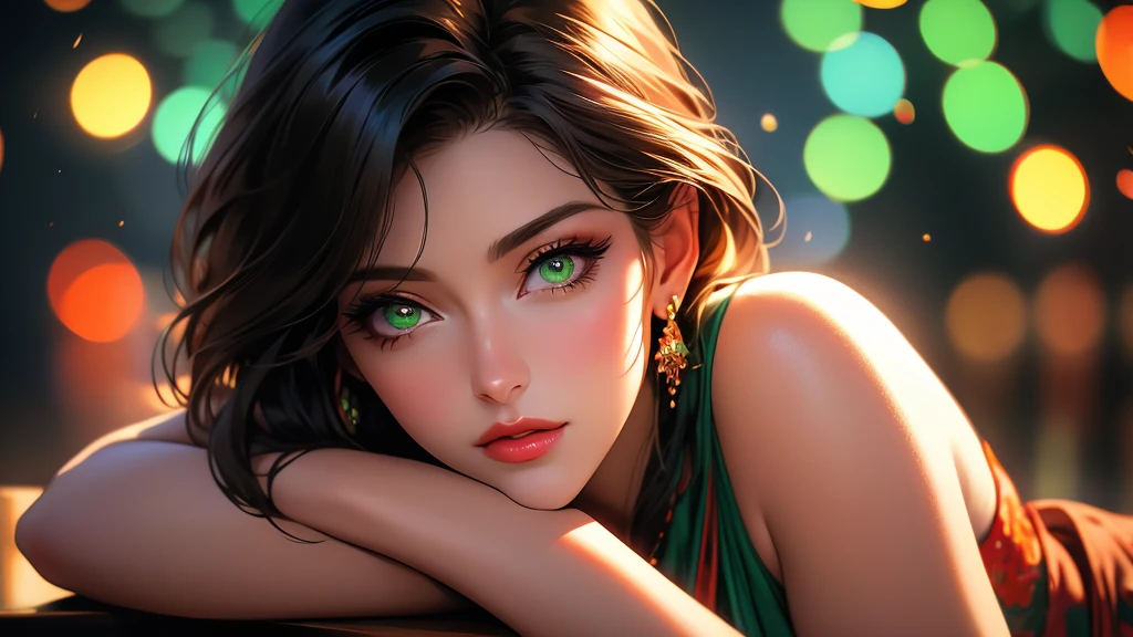 a beautiful woman with detailed green eyes, large breasts, sensual expressions, realistic, photorealistic, photo-realistic:1.37, (best quality,4k,8k,highres,masterpiece:1.2),ultra-detailed, HDR,UHD,studio lighting,ultra-fine painting,sharp focus,physically-based rendering,extreme detail description,professional,vivid colors,bokeh,warm colors,soft lighting