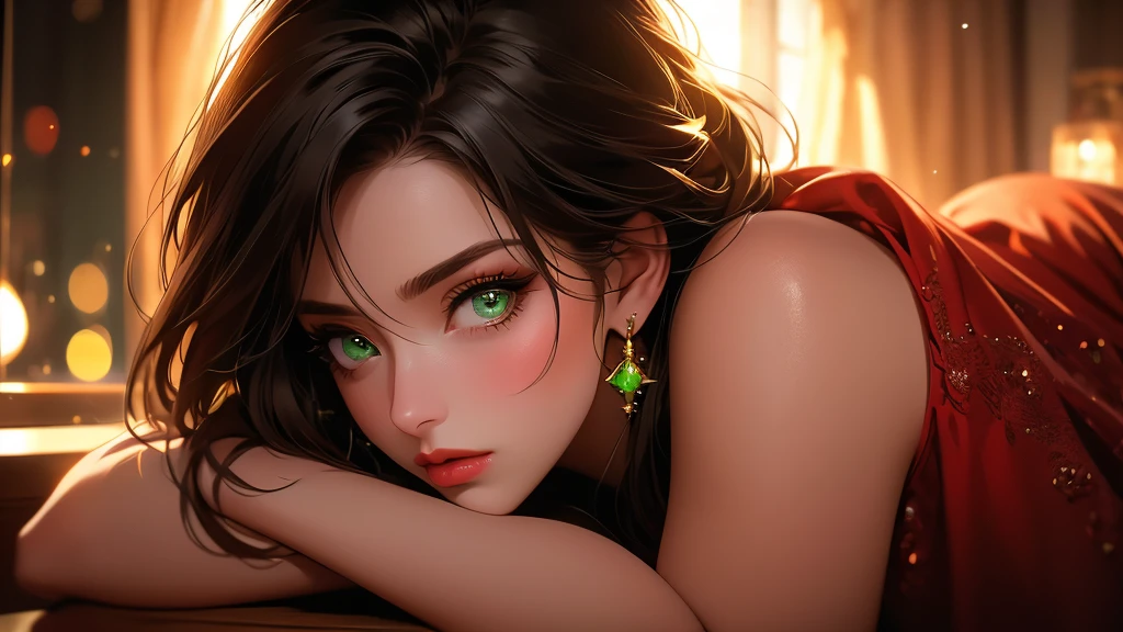 a beautiful woman with detailed green eyes, large breasts, sensual expressions, realistic, photorealistic, photo-realistic:1.37, (best quality,4k,8k,highres,masterpiece:1.2),ultra-detailed, HDR,UHD,studio lighting,ultra-fine painting,sharp focus,physically-based rendering,extreme detail description,professional,vivid colors,bokeh,warm colors,soft lighting