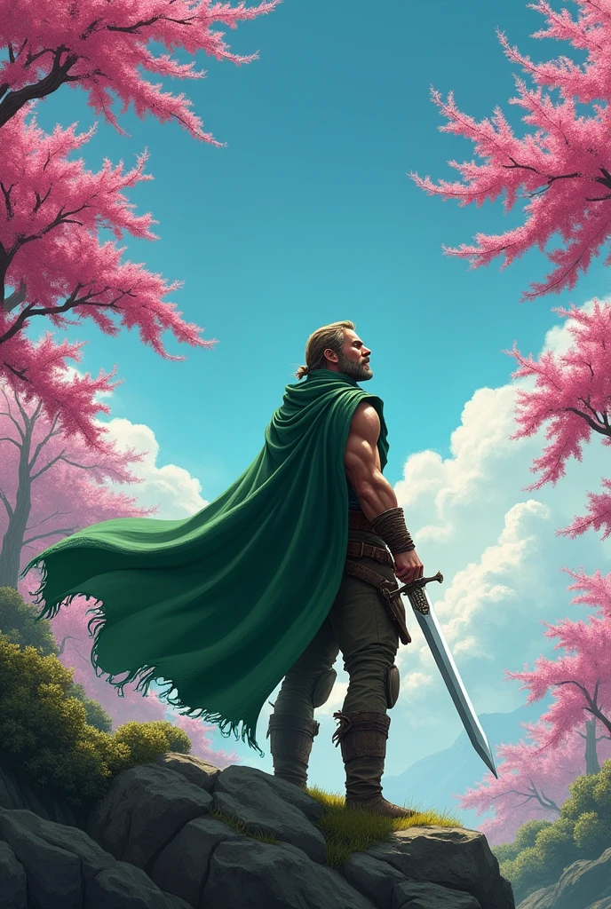 adventurer man from back with green cape in a forest of pink leaves looking at the beautiful sky while holding his sword