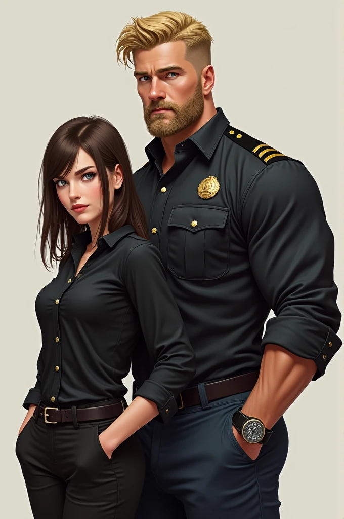 Male Lieutenant, with blond hair and a little beard, clear-eyed, MUSCLE AND TALL, next to a young brunette woman, dressed in a black shirt, straight hair.