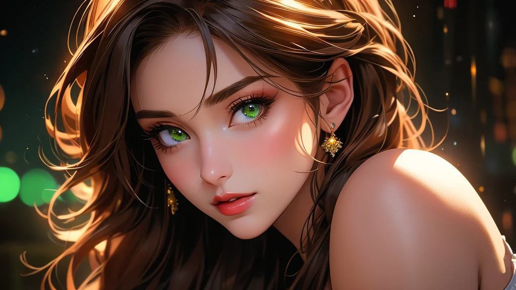 a beautiful woman with detailed green eyes, large breasts, sensual expressions, realistic, photorealistic, photo-realistic:1.37, (best quality,4k,8k,highres,masterpiece:1.2),ultra-detailed, HDR,UHD,studio lighting,ultra-fine painting,sharp focus,physically-based rendering,extreme detail description,professional,vivid colors,bokeh,warm colors,soft lighting