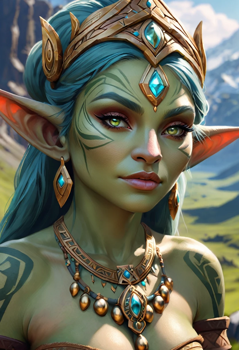 Anthropomorphic feminine goblin enchantress. Official Art – An Award-Winning Digital Masterpiece In 4K Ultra HD, Extreme Detail And Intricate Realism. Symmetrical Face. This Concept Art Brought To Life By The Hands Of Artists Like Wlop & Artgerm In A Stunning 2D Vector Illustration. Breath of the wild. Background Is A Panoramic Vista.