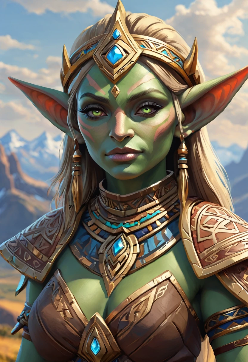 Anthropomorphic feminine goblin enchantress. Official Art – An Award-Winning Digital Masterpiece In 4K Ultra HD, Extreme Detail And Intricate Realism. Symmetrical Face. This Concept Art Brought To Life By The Hands Of Artists Like Wlop & Artgerm In A Stunning 2D Vector Illustration. Breath of the wild. Background Is A Panoramic Vista.
