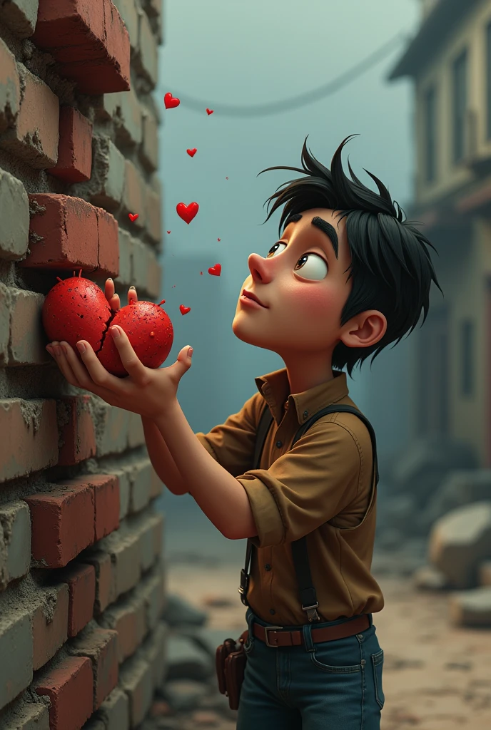 Animation of a man, rebuilding a wall, holding your broken heart in one hand
