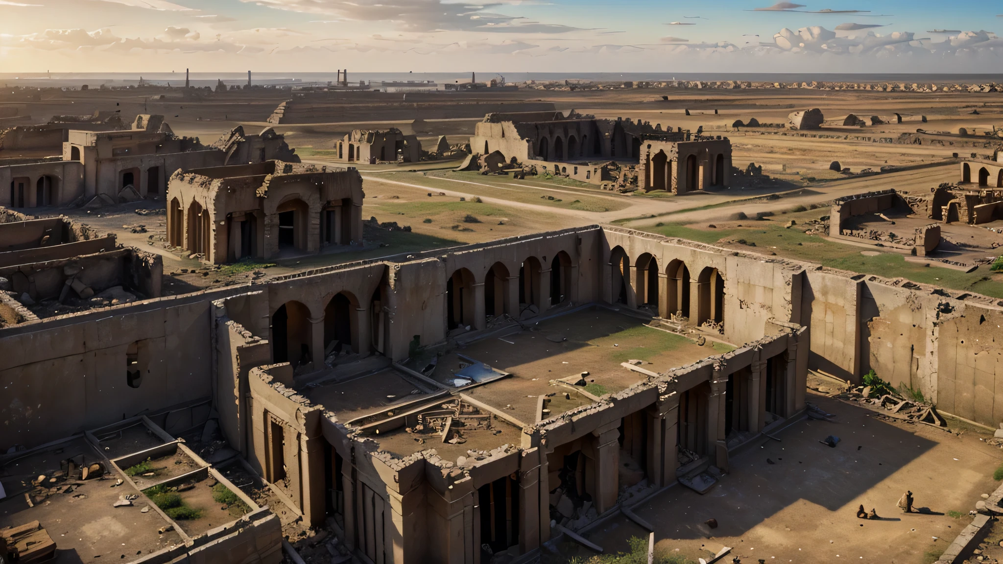 Illustrate Babylon after its destruction, with ruins and traces of the once-great empire scattered across the landscape.
