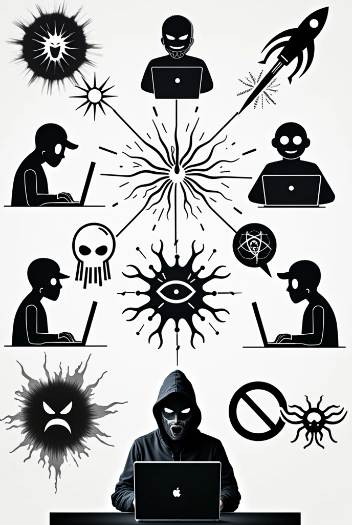 create a poster that shows issues or problems that may be encountered which is related to online safety and security black and white for trace dont make shade of colors