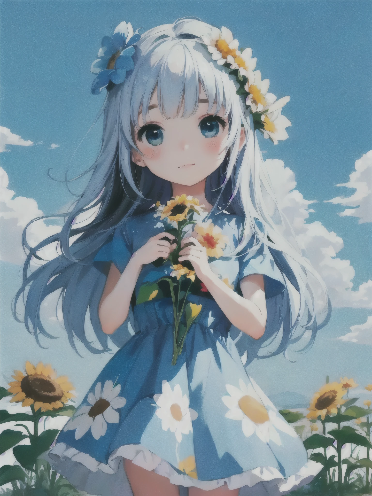 blue sky、White cloud、Summer sky、A flower field、Cartoon girl holding flowers and a big flower, Cute digital art, Cute and detailed digital art, Cute cartoon character, Cute art style, Adorable digital painting, Wearing a floral dress, Cute cartoon, Beautiful sunflower anime girl, realistic pretty girl painting, Digital cartoon painting art, Cute artwork, Cute Colorful Adorable, pretty girl, Cartoon style cute, Girl with a flower face