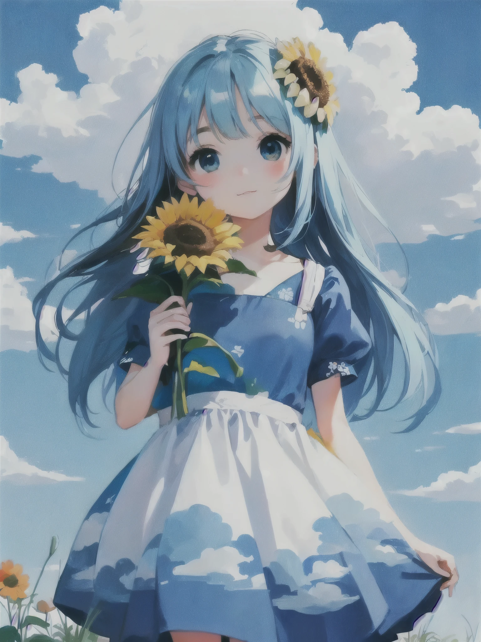 blue sky、White cloud、Summer sky、A flower field、Cartoon girl holding flowers and a big flower, Cute digital art, Cute and detailed digital art, Cute cartoon character, Cute art style, Adorable digital painting, Wearing a floral dress, Cute cartoon, Beautiful sunflower anime girl, realistic pretty girl painting, Digital cartoon painting art, Cute artwork, Cute Colorful Adorable, pretty girl, Cartoon style cute, Girl with a flower face