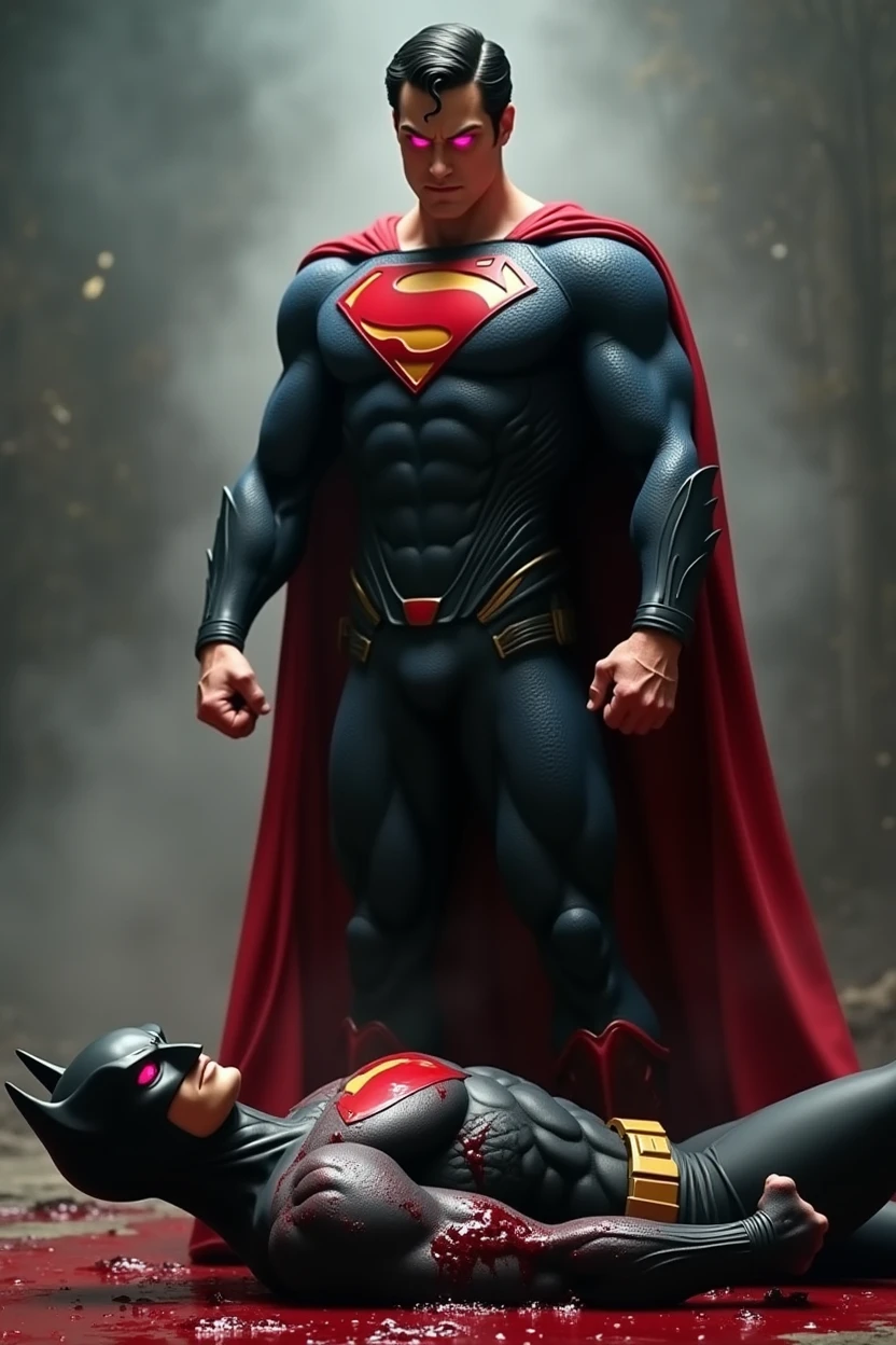 Superman standing with y fists and black suite and glowing red eyes, batman laying on the ground covered in blood mask that resembles bat