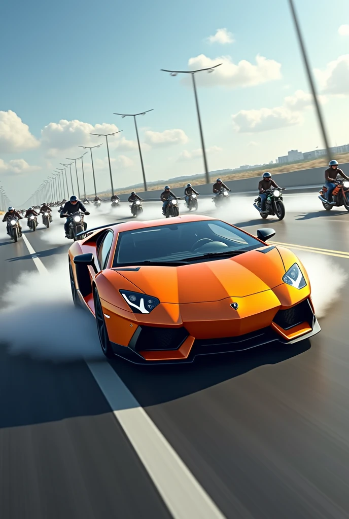Create an image of an orange car skidding on a highway with motorcycles around it  