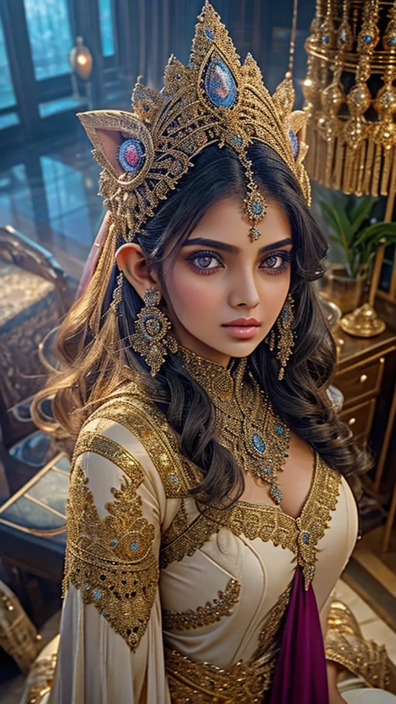 Selfie from above pov, Extremely detailed, women, elven, Pakistani women, beautiful body, wearing traditional (navy blue and golden), beautiful enormous size breast, beautiful face, extremely detailed cat eyes, hypnotic eyes, sexy look, light pink lips, making pout face, background lighting ,