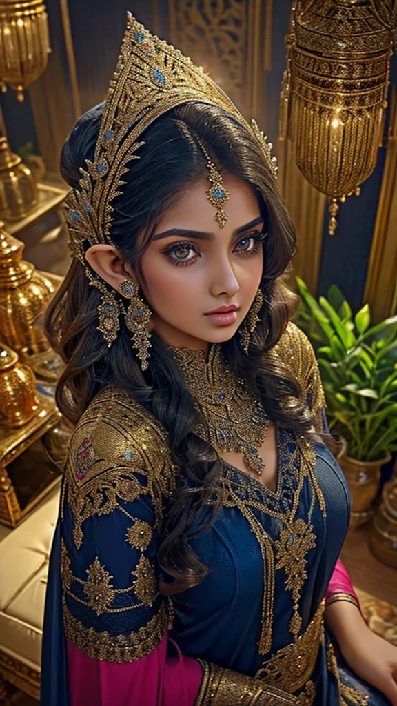 Selfie from above pov, Extremely detailed, women, elven, Pakistani women, beautiful body, wearing traditional (navy blue and golden), beautiful enormous size breast, beautiful face, extremely detailed cat eyes, hypnotic eyes, sexy look, light pink lips, making pout face, background lighting ,