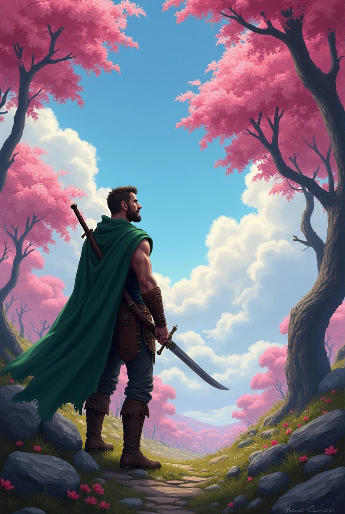 adventurer man from back with green cape in a forest of pink leaves looking at the beautiful sky while holding his sword