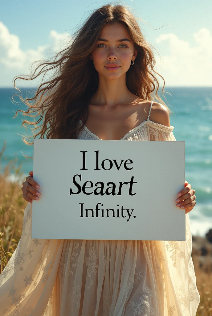 Beautiful girl with wavy long hair, bohemian dress, holding a white board with text "I Love Seaart Infinity" and showing it to the viewer