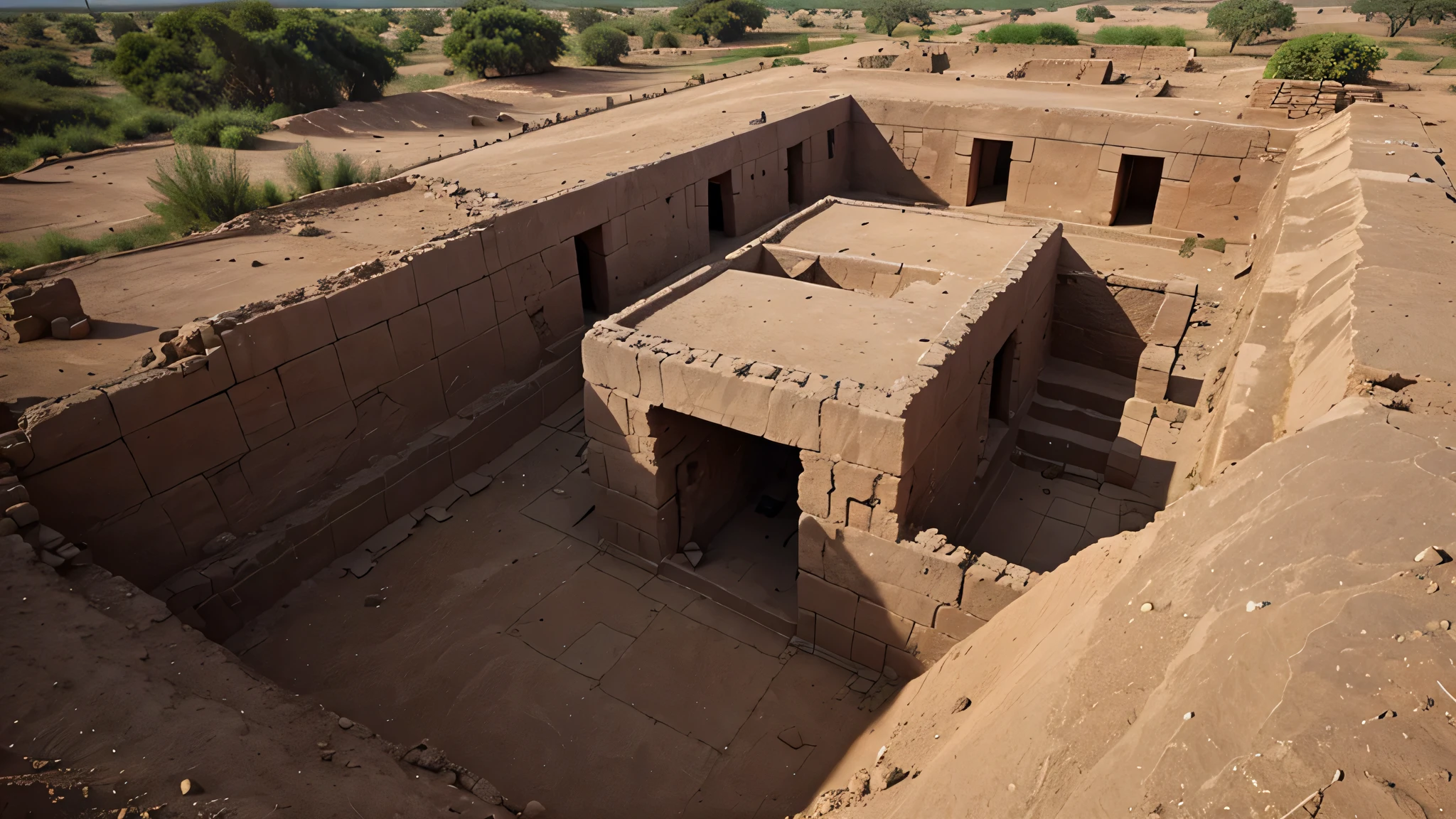 Show the hidden ruins of Mohenjo-daro, covered by centuries of earth, being unearthed by archaeologists.