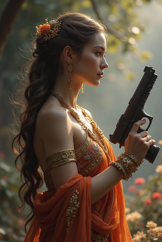 uhd, high details, best quality, goddess, gun