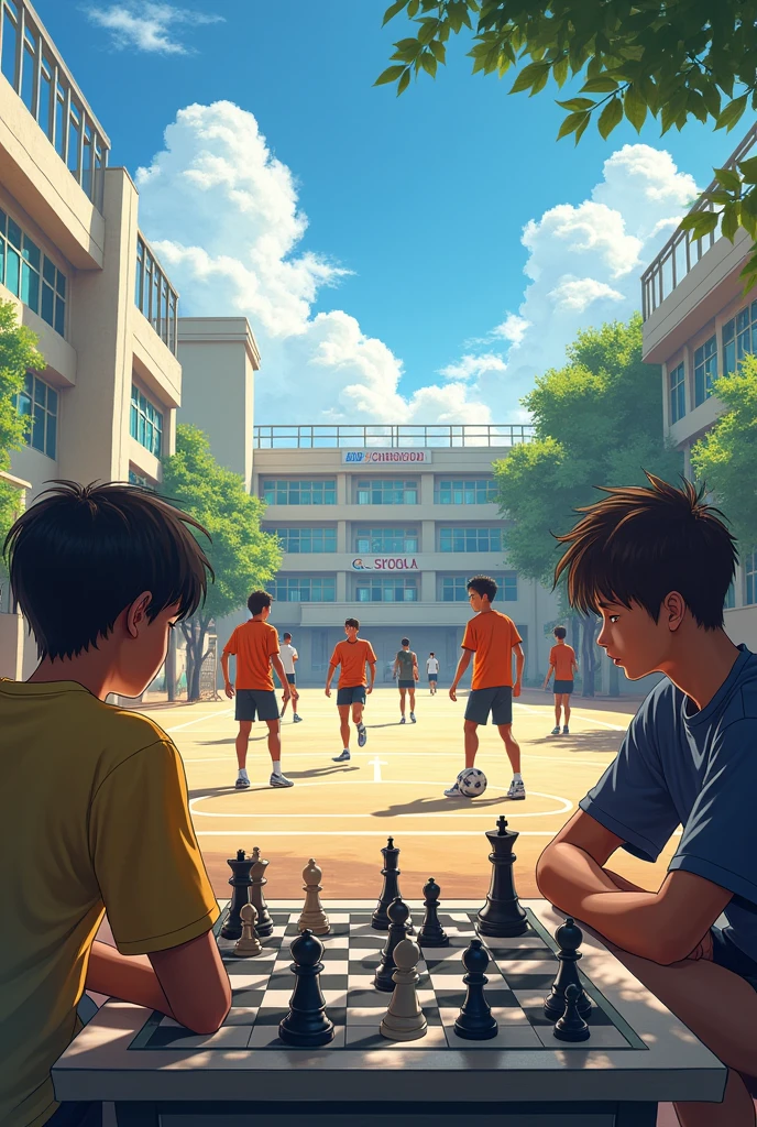 futsal court and chess involving agers at school. In this image add the following title: Strategy and Tactics: From the court to the board