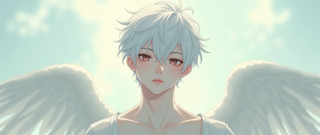 A young albino anime-type man who looks like an angel