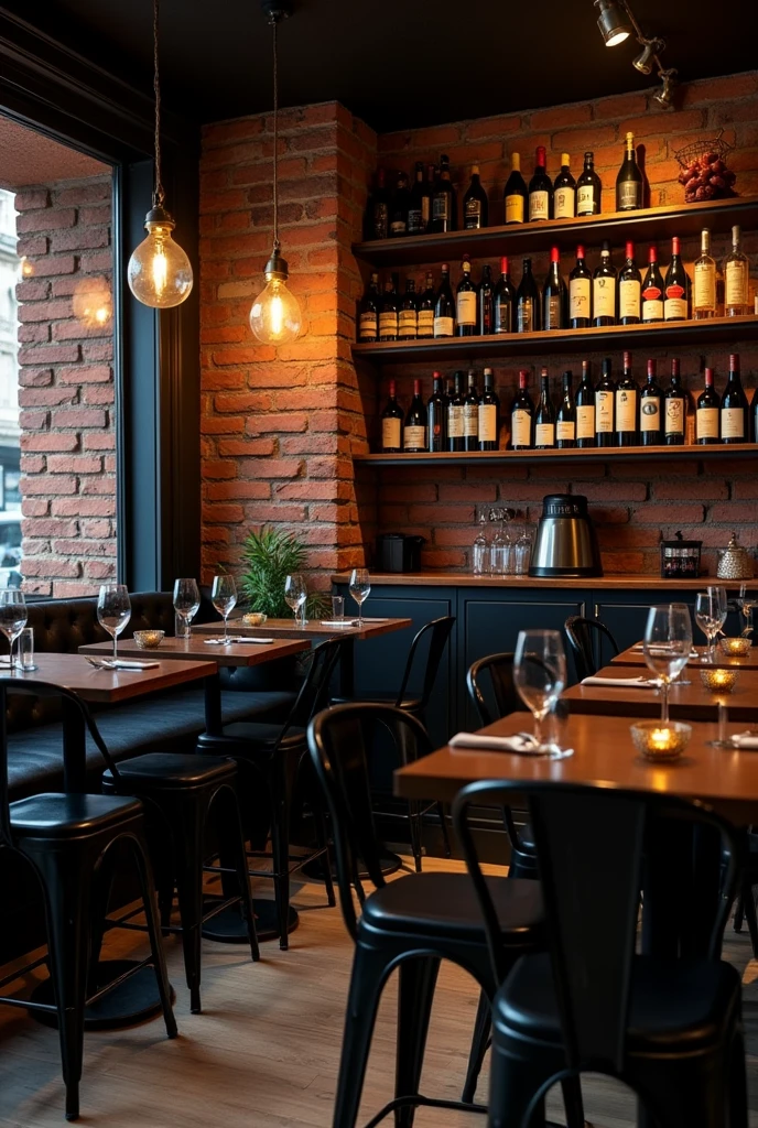 Dark restaurant, with brick walls with wines in it, and high black stools to sit next to high tables
