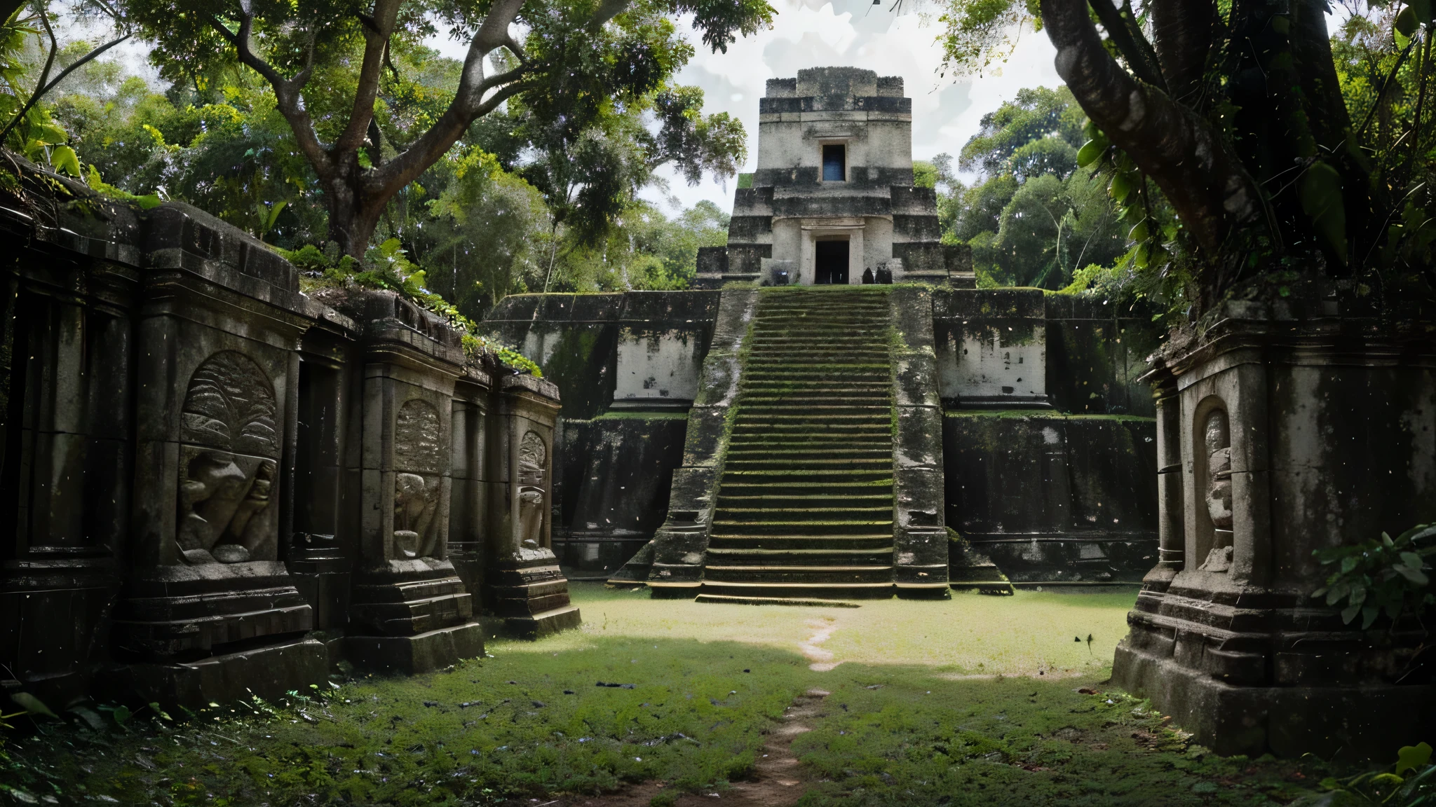 Create a scene of the jungle reclaiming Tikal, vines and trees enveloping the ancient Mayan structures.