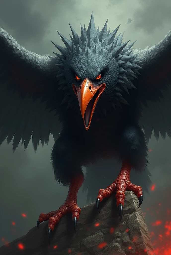 Create an image of a threatening and murderous looking bird that wants revenge against humanity and causes fear in people.