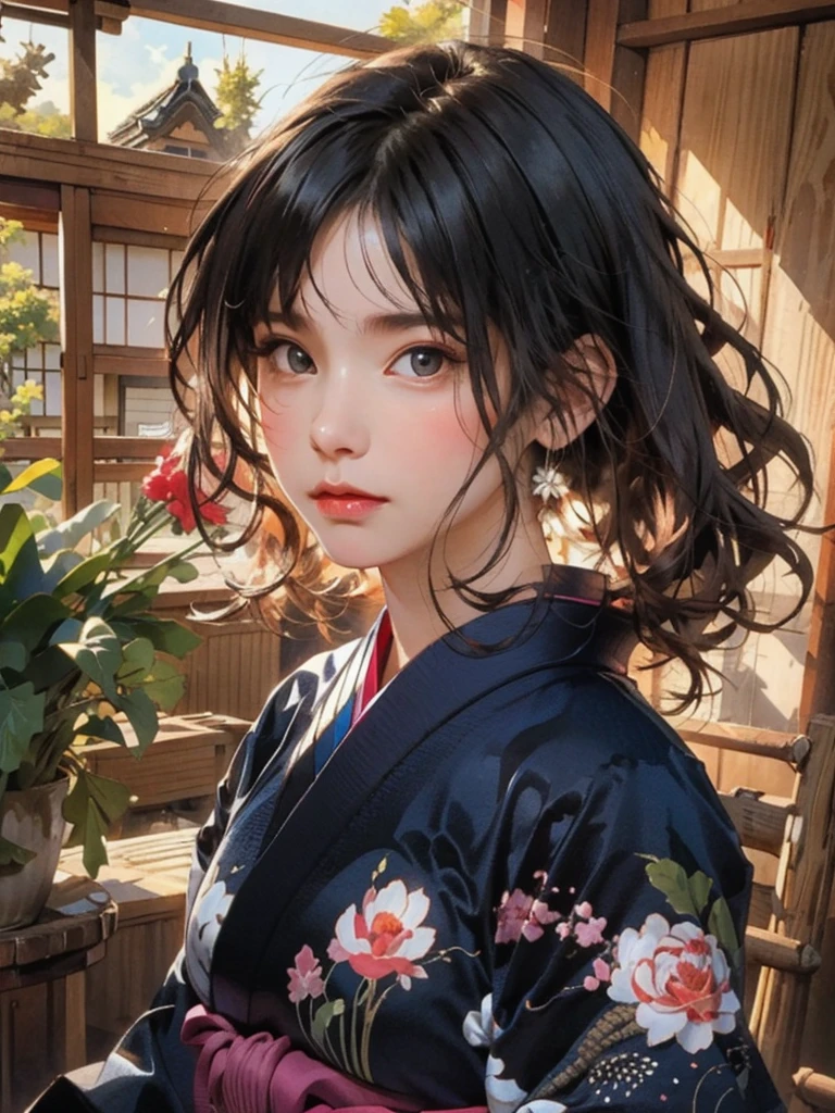 (highest quality、8k、32k、masterpiece)、(masterpiece, up to date,Exceptional:1.2), Anime, One girl,Front hair,black_hair, Beautiful 8k eyes,Looking_in_Audience,One person in,Are standing,((Very beautiful woman, Fuller lips, Japanese pintern kimono))、((Colorful Japanese kimono)))、(((Medium Shot)))、Blunt bung、(High resolution)、Very beautiful face and eyes、1 girl 、Round and small face、Narrow waist、delicine body、(highest quality high detail Rich skin details)、(highest quality、8k、Oil paints:1.2)、Very detailed、(Realistic、Realistic:1.37)、Bright colors、(((blackhair)))、(((longhair)))、(((cowboy pictures)))、((( Inside an old Japanese house)))、(masterpiece, highest quality, highest quality, Official Art, beautifully、aesthetic:1.2), (One girl), Very detailedな,(Fractal Art:1.3),colorful,Most detailed,Sengoku period(High resolution)、Very beautiful face and eyes、1 girl 、Round and small face、Tight waist、Delicine body、(highest quality high detail Rich skin details)、(highest quality、8k、Oil paints:1.2)、(Realistic、Realistic:1.37)、Greg Rutkowski Written by Alphonse Mucha Ropp, sun lips