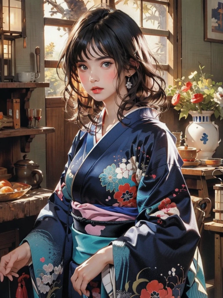 (highest quality、8k、32k、masterpiece)、(masterpiece, up to date,Exceptional:1.2), Anime, One girl,Front hair,black_hair, Beautiful 8k eyes,Looking_in_Audience,One person in,Are standing,((Very beautiful woman, Fuller lips, Japanese pintern kimono))、((Colorful Japanese kimono)))、(((Medium Shot)))、Blunt bung、(High resolution)、Very beautiful face and eyes、1 girl 、Round and small face、Narrow waist、delicine body、(highest quality high detail Rich skin details)、(highest quality、8k、Oil paints:1.2)、Very detailed、(Realistic、Realistic:1.37)、Bright colors、(((blackhair)))、(((longhair)))、(((cowboy pictures)))、((( Inside an old Japanese house)))、(masterpiece, highest quality, highest quality, Official Art, beautifully、aesthetic:1.2), (One girl), Very detailedな,(Fractal Art:1.3),colorful,Most detailed,Sengoku period(High resolution)、Very beautiful face and eyes、1 girl 、Round and small face、Tight waist、Delicine body、(highest quality high detail Rich skin details)、(highest quality、8k、Oil paints:1.2)、(Realistic、Realistic:1.37)、Greg Rutkowski Written by Alphonse Mucha Ropp, sun lips