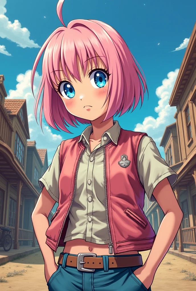 A girl with a bob cut of pink hair and blue eyes in the jojo’s bizarre adventure steel ball run art style