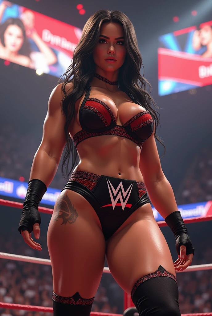 Sexy beautiful wrestler diva busty big tits huge boobs perky fake tits bubble booty black hair lace lingerie full lips in a ring with logo wwe championship belt. knee pads, elbow pads. Bimbo with big silicone boobs lips and ass, slim waist, large bust. cowboy shot, masterpiece, detailed, Ultra realistic image, realistic photo, HD, highest quality