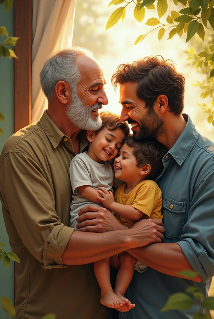 Create a Father's Day tribute with several fathers, each representing affection, protection, love, everything that a father represents for a family.