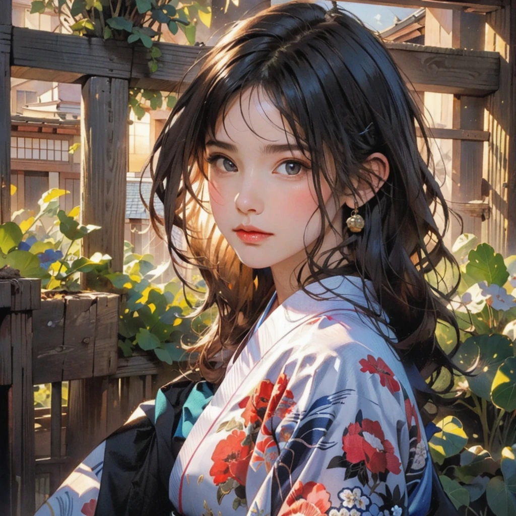 (highest quality、8k、32k、masterpiece)、(masterpiece, up to date,Exceptional:1.2), Anime, One girl,Front hair,black_hair, Beautiful 8k eyes,Looking_in_Audience,One person in,Are standing,((Very beautiful woman, Fuller lips, Japanese pintern kimono))、((Colorful Japanese kimono)))、(((Medium Shot)))、Blunt bung、(High resolution)、Very beautiful face and eyes、1 girl 、Round and small face、Narrow waist、delicine body、(highest quality high detail Rich skin details)、(highest quality、8k、Oil paints:1.2)、Very detailed、(Realistic、Realistic:1.37)、Bright colors、(((blackhair)))、(((longhair)))、(((cowboy pictures)))、((( Inside an old Japanese house)))、(masterpiece, highest quality, highest quality, Official Art, beautifully、aesthetic:1.2), (One girl), Very detailedな,(Fractal Art:1.3),colorful,Most detailed,Sengoku period(High resolution)、Very beautiful face and eyes、1 girl 、Round and small face、Tight waist、Delicine body、(highest quality high detail Rich skin details)、(highest quality、8k、Oil paints:1.2)、(Realistic、Realistic:1.37)、Greg Rutkowski Written by Alphonse Mucha Ropp, sun lips