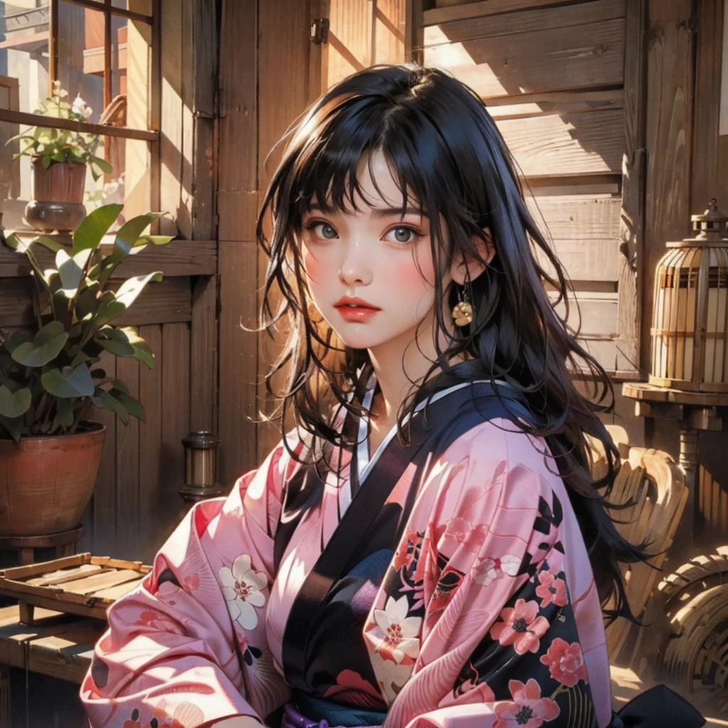 (highest quality、8k、32k、masterpiece)、(masterpiece, up to date,Exceptional:1.2), Anime, One girl,Front hair,black_hair, Beautiful 8k eyes,Looking_in_Audience,One person in,Are standing,((Very beautiful woman, Fuller lips, Japanese pintern kimono))、((Colorful Japanese kimono)))、(((Medium Shot)))、Blunt bung、(High resolution)、Very beautiful face and eyes、1 girl 、Round and small face、Narrow waist、delicine body、(highest quality high detail Rich skin details)、(highest quality、8k、Oil paints:1.2)、Very detailed、(Realistic、Realistic:1.37)、Bright colors、(((blackhair)))、(((longhair)))、(((cowboy pictures)))、((( Inside an old Japanese house)))、(masterpiece, highest quality, highest quality, Official Art, beautifully、aesthetic:1.2), (One girl), Very detailedな,(Fractal Art:1.3),colorful,Most detailed,Sengoku period(High resolution)、Very beautiful face and eyes、1 girl 、Round and small face、Tight waist、Delicine body、(highest quality high detail Rich skin details)、(highest quality、8k、Oil paints:1.2)、(Realistic、Realistic:1.37)、Greg Rutkowski Written by Alphonse Mucha Ropp, sun lips