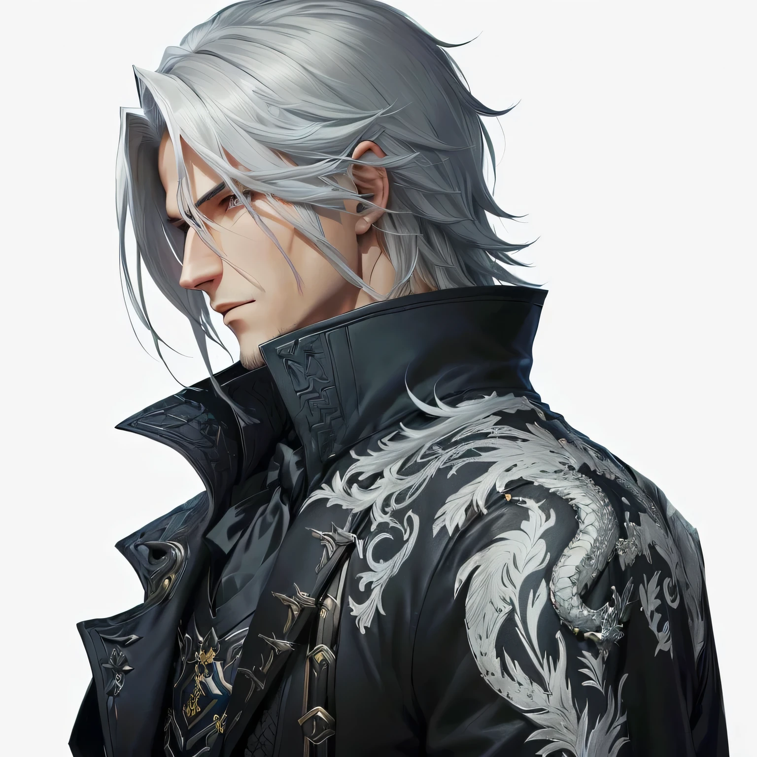 a close up of a person with a dragon on a jacket, thancred waters in style of wlop, he has dark grey hairs, thancred waters, portrait of thancred, detailed anime character art, son of sparda, shigenori soejima illustration, dark grey haired man, a silver haired mad, white haired, silver haired, stunning character art