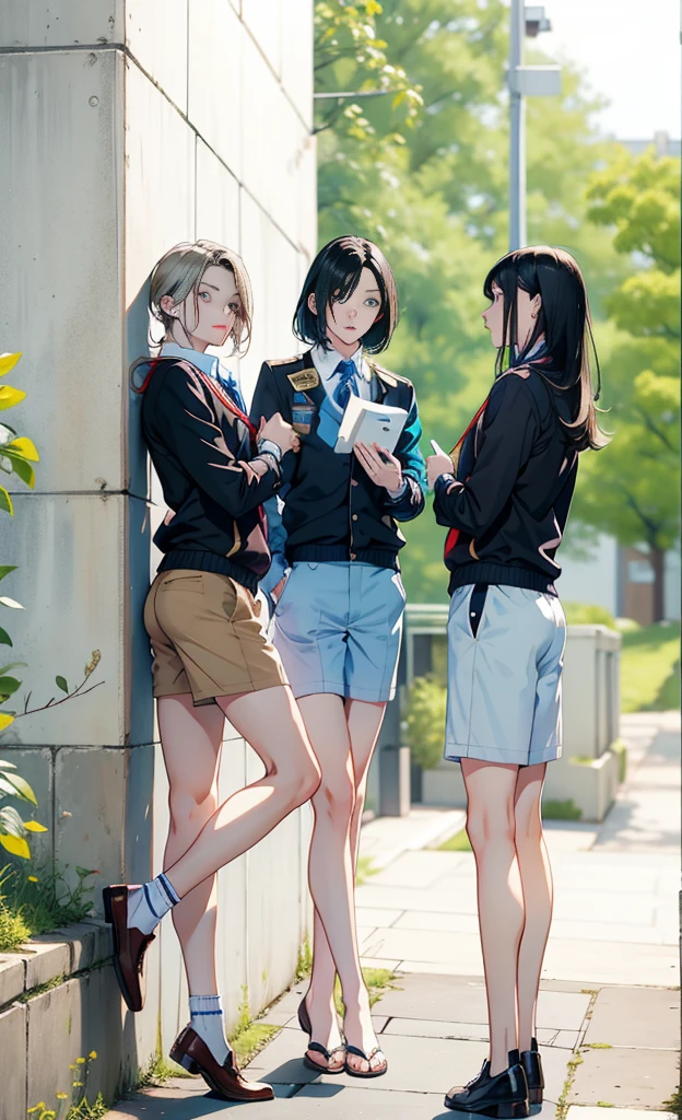 Black-haired boy with light eyes Pale blond boy with blue eyes 17-year-old brown-haired boy in school uniforms 