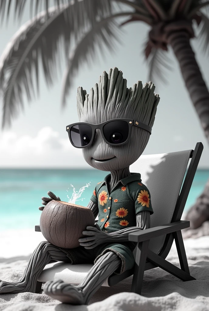 baby Groot wearing beachwear and sunglasses sitting on a beach chair, holding a coconut water with the sea in the background and under a coconut tree black and whitw
