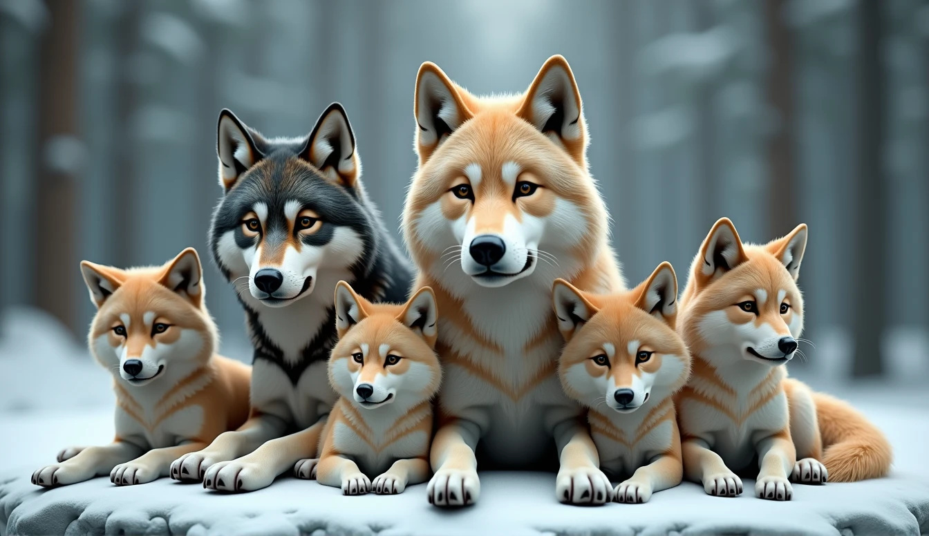 Create a hyper-realistic, photorealistic image of a beautiful wolf family. The family consists of a majestic father wolf, a graceful mother wolf, and five wolf pups of varying ages. They are all calmly looking at the viewer, exuding a sense of tranquility and strength. Each wolf has a unique color and fur pattern, showcasing a variety of hues and textures. The background features a softly blurred snowy forest, adding depth and atmosphere. The wolves' fur is strikingly beautiful, capturing their natural elegance and power