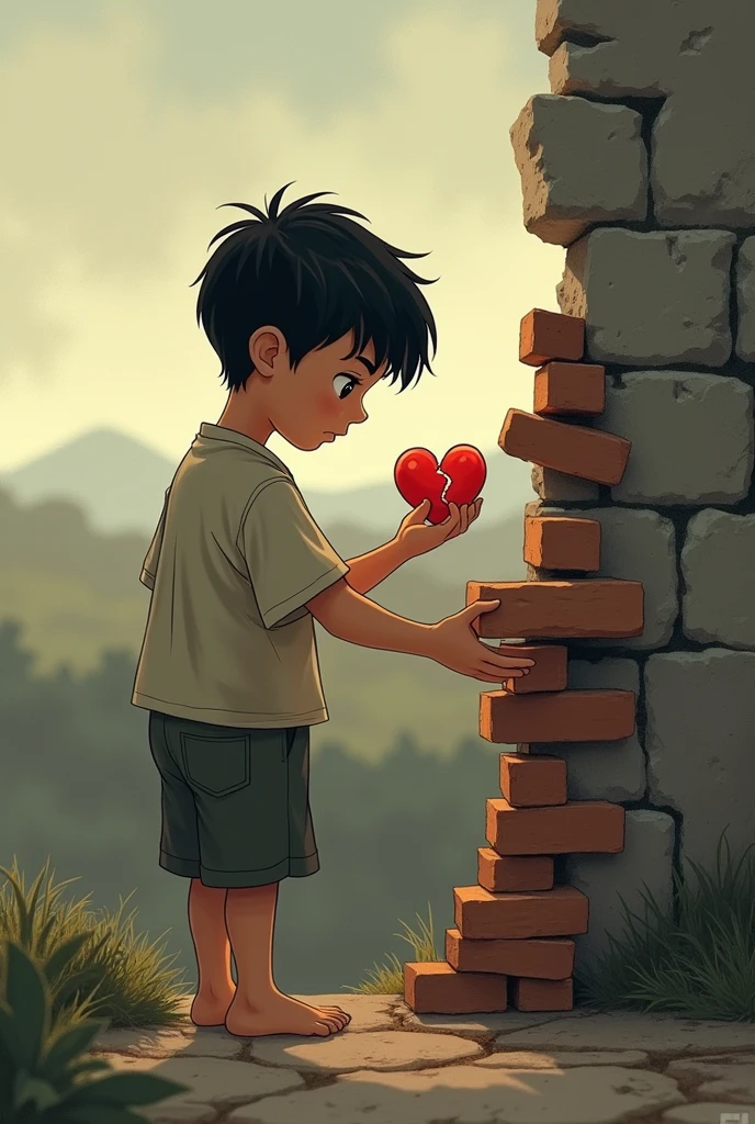 Animation of a boy, rebuilding a wall, holding your broken heart in one hand and in the other hand, finishing building the wall