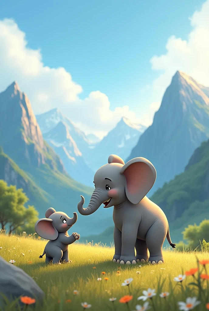 "Create an illustration of Trombinha, the gentle young elephant, softly whispering the word 'Love' in the Echo Valley. The mountains return a soft, tranquil echo, filling the scene with a sense of peace and calm. Your daddy elephant stands proudly in the background, smiling as he observes the lesson being learned.