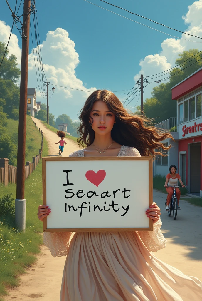 Beautiful girl with wavy long hair, bohemian dress, holding a white board with text "I Love Seaart Infinity" and showing it to the viewer
There are children running down the hill at a high rate of speed.
There is a dangerous place at the bottom of the hill.
The child runs toward the bottom of the hill.
The mother chases the child on a tricycle.
The mother's face shows despair.
The setting is an urban area; to the right is a fire station.