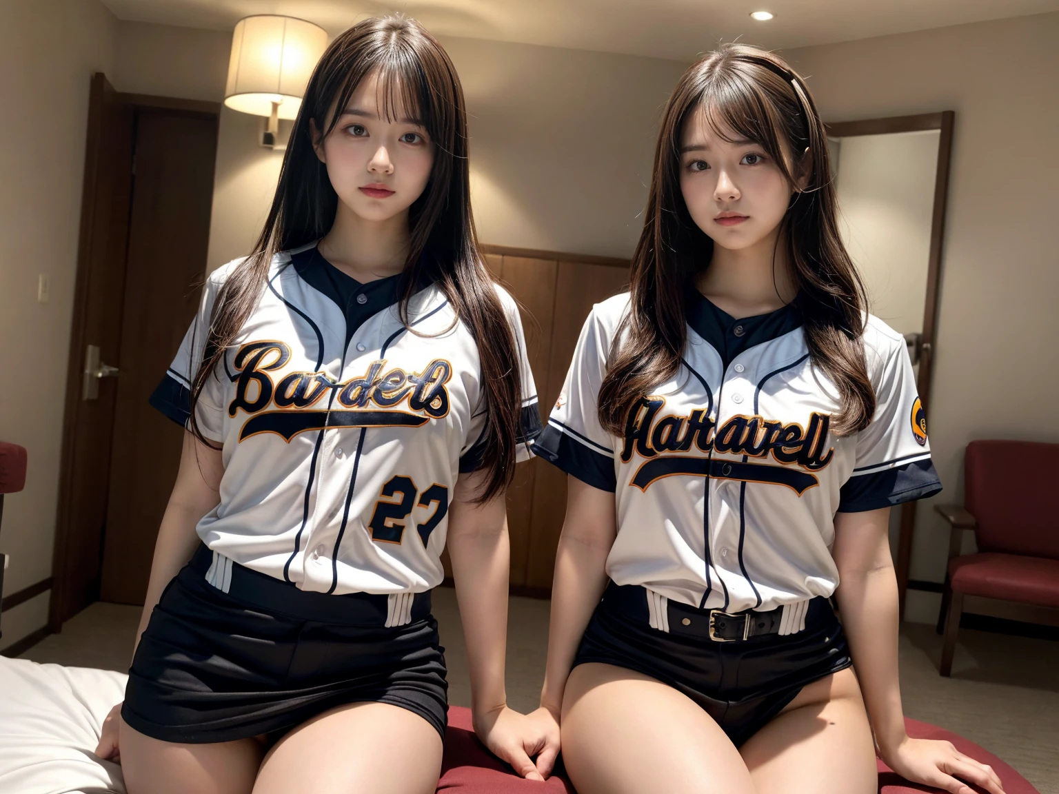 masterpiece, best quality, illustration, Super detailed, fine details, High resolution, 8K,wall paper, perfect dynamic composition,(Details High quality, realistic depiction of eyes:1.3), (2 girls), ((Baseball Uniforms), a miniskirt, Toned buttocks), sitting, open legs, short bob hair, in a hotel room in the background, deep on field, large breasts, black hair color, Big Natural Color Lip, (perfect body shape), crying a little、Harajuku style、20 year old girl、cute type、beautiful legs, Gravure Idol