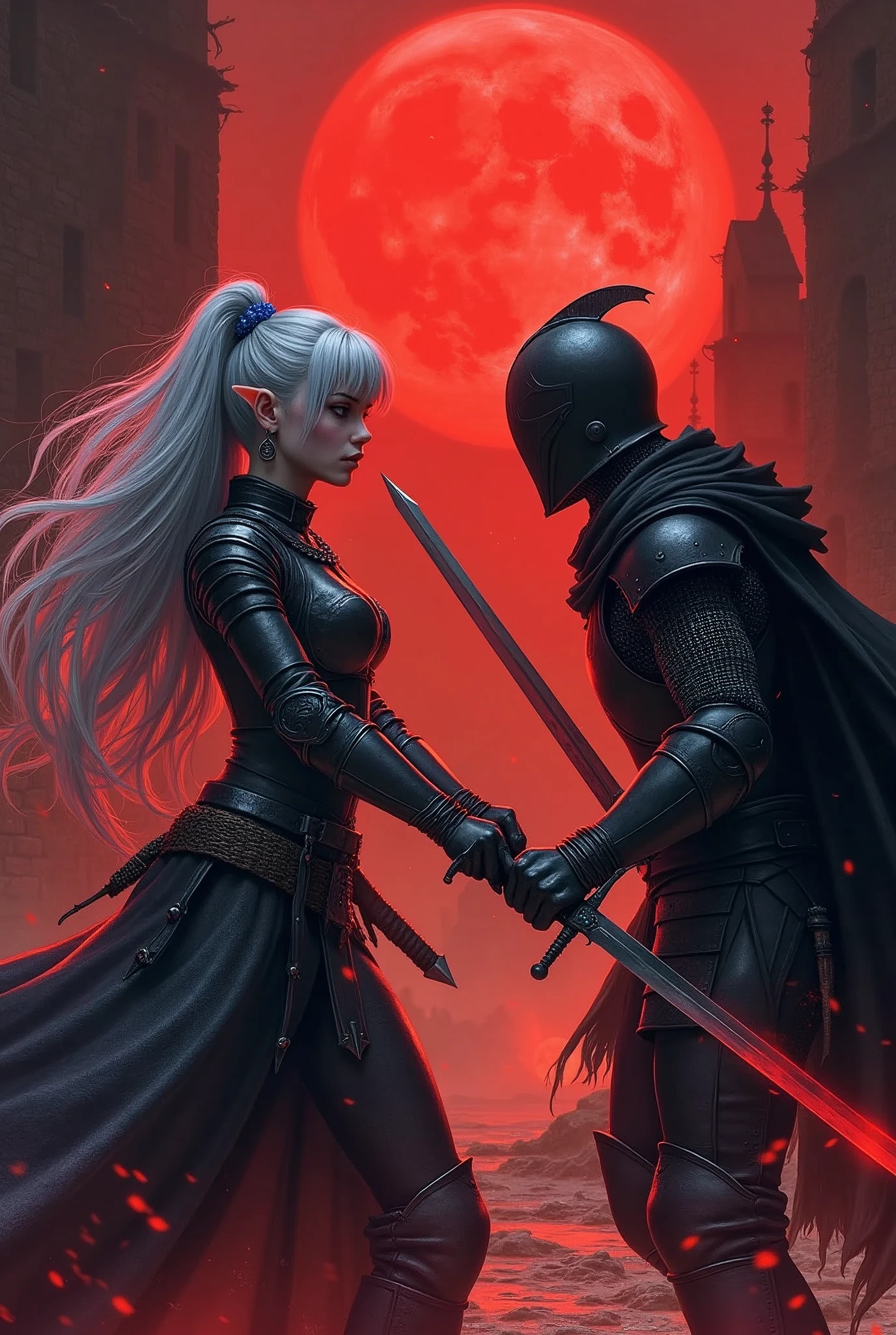 (super detailed faces, averted eyes, fantasy illustrations with gothic, ukiyoe, and comic art, rich colors), BREAK (this is a "city of ashes" in ruins. It was once a medieval European-style fortified city. Red moonlight illuminates the ruined earth); BREAK (Dark Elf: middle-aged Dark Elf woman with silver hair, blunt bangs, very long messy hair, dark purple skin, and lavender eyes); BREAK (Dark Elf female warrior wearing blue jeweled hair ornament and copper armor); BREAK ( ArmoredSoldier: medieval European style black helmet, black armor, black cloak, carrying a red-hot greatsword), BREAK (female dark elf warrior on left and dark knight on right facing each other in red moonlight in a fierce sword fight.:1.3) BREAK (a female dark elf warrior holds a slender long sword at an angle, roars, and swings it sideways in a daring pose, staying low), BREAK (a male knight in black helmet and armor, clad in a terrifying red aura, turns and swings a large sword down on a female dark elf from above in a daring pose)
